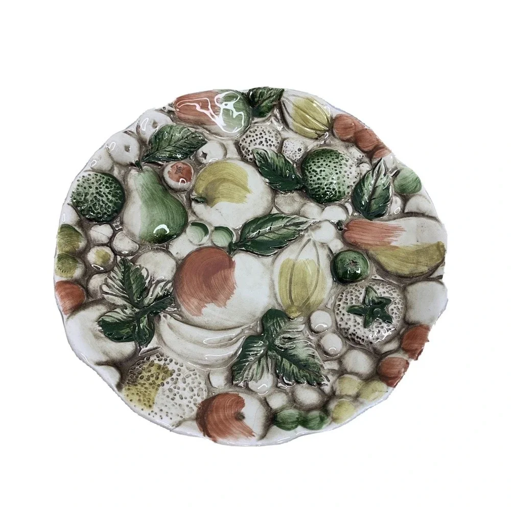 Lefton's Pedestal Dessert Plate Majolica Style Raised Fruit Design 8.5